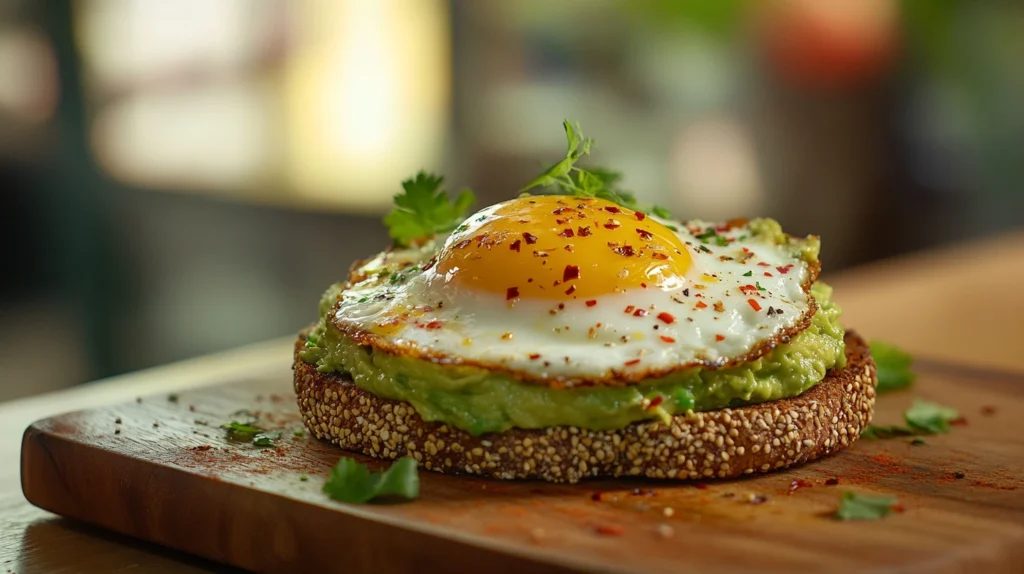 Avocado toast with egg served on a plate with a side of mixed greens and a smoothie.