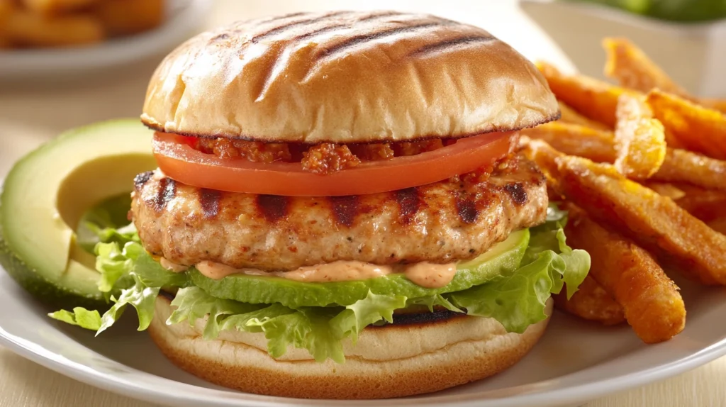 Chicken burger topped with sun-dried tomato aioli, lettuce, and tomato on a toasted brioche bun.