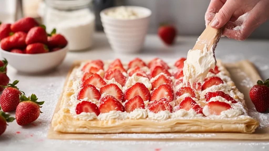 A delicate puff pastry topped with fresh strawberry slices and piped cream cheese filling, with a hand applying whipped cream using a spatula, surrounded by bowls of ingredients and fresh strawberries.