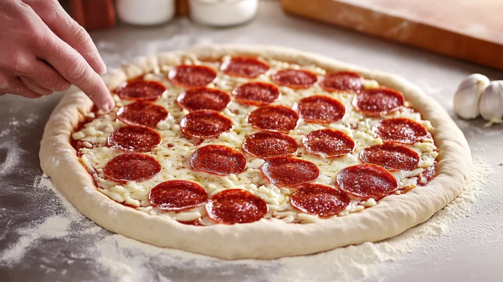 A freshly prepared pepperoni pizza on a floured surface, featuring a cheese-stuffed crust in progress, with a hand pressing the dough edges around the cheese.