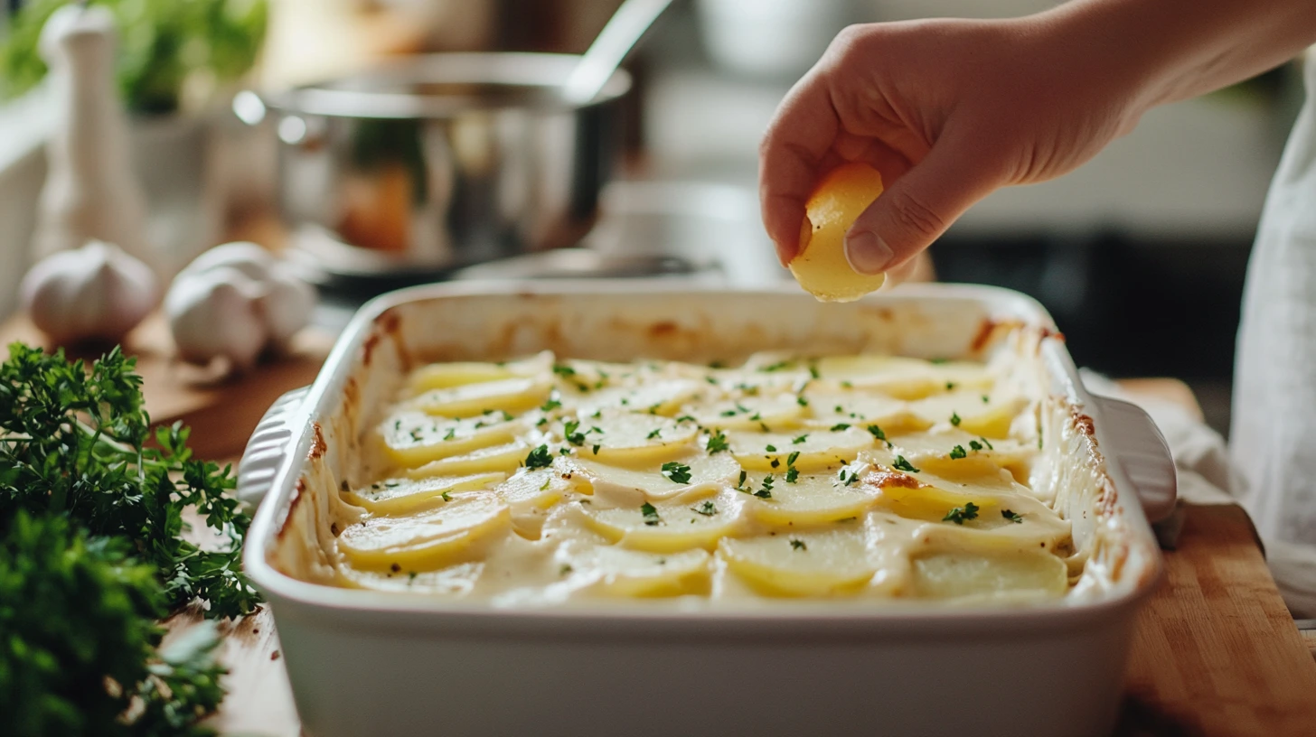 A creamy scalloped potatoes casserole topped with fresh parsley, garnished with a slice of butter being added by hand.