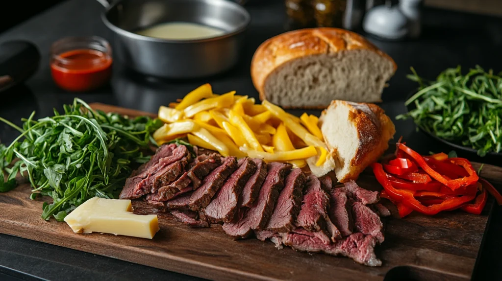 Fresh ingredients for a roast beef sandwich with cheese, including sliced roast beef, arugula, yellow bell peppers, red bell peppers, cheese, and a loaf of bread, arranged on a wooden cutting board.